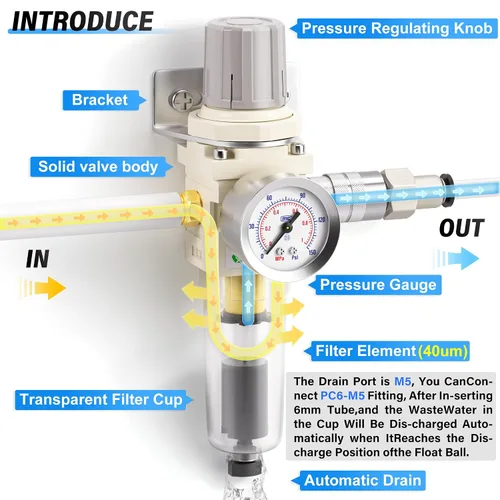 Miniatura 3 de TAILONZ PNEUMATIC Regulador de presión de filtro de aire de drenaje automático NPT de 1/4 de pulgada Combo Piggyback, filtro compresor