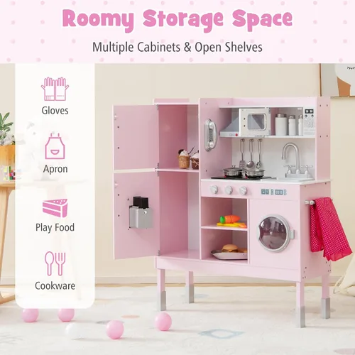 Miniatura 5 de HONEY JOY Juego de cocina para niños, cocina de madera para niños pequeños, microondas, utensilios de cocina, lavadora, campana extractora, pizarra
