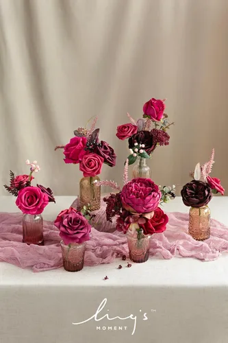 Miniatura 4 de Ling's moment Caja de flores artificiales, tallos de follaje artificial, rosas de espuma, bayas, peonía de seda, eucalipto, flor de tela