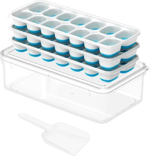 ChefAide Ice Cube Tray with Lid and Bin, 3 Packs 42 Cubes Silicone Plastic Ice Cube Trays for Freezer, Stackable Ice Tray with Container, Ice Scoop