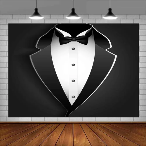 Miniatura 12 de BJRLEM998 - Telón de fondo de esmoquin negro de 3 x 5 pies para hombre, traje de pajarita en blanco y negro, traje de lujo, cumpleaños, cena