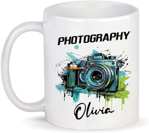 Miniatura 9 de Taza personalizada con texto en inglés "Me gusta destellar", taza de té de cerámica con cámara colorida personalizada con nombre, tazas de café