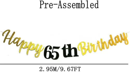 Miniatura 2 de Cartel de feliz cumpleaños 65 con letras negras con purpurina para colgar banderines para mujer o hombre de 65 años, suministros de decoración