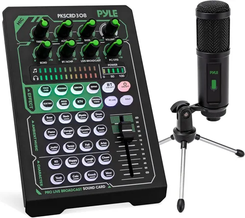 Pyle - Tarjeta de sonido portátil Bluetooth para transmisión en vivo, interfaz de audio profesional DJ con mezcladora y micrófono condensador, para