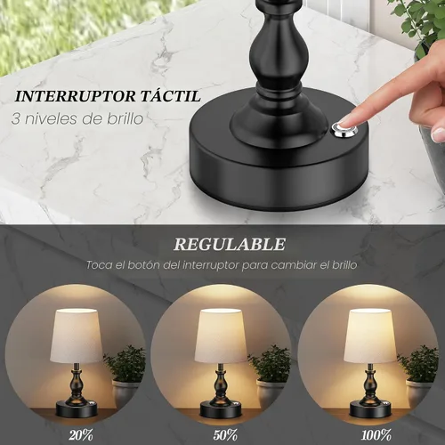 Miniatura 2 de PARTPHONER Mini lámpara de mesa LED inalámbrica, lámpara recargable de 5200 mAh, brillo de 3 niveles, lámpara de escritorio regulable táctil, luz