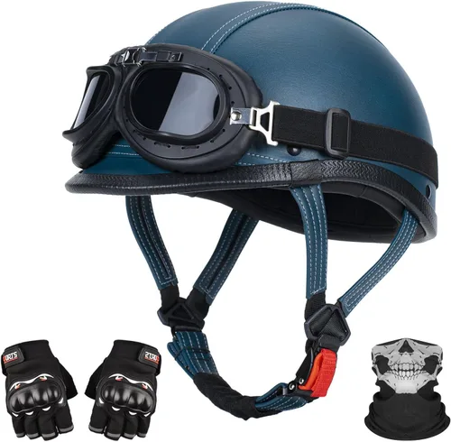 Miniatura 10 de Casco de motocicleta de cuero hecho a mano, casco retro de media cara para adultos, hombres y mujeres, casco ligero abierto 1/2 vintage