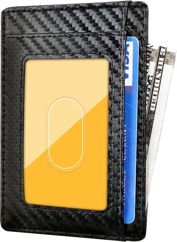 Miniatura 2 de Travelambo Cartera delgada de cuero minimalista con bolsillo frontal, bloqueo RFID, textura de fibra de carbono