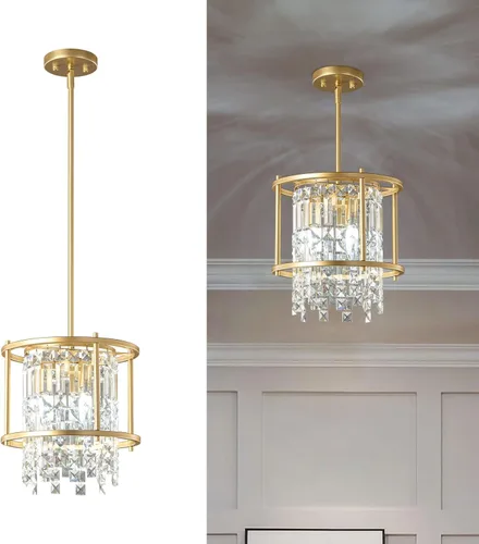 LMQNINE Candelabro Moderno para Vestíbulo, Candelabro de Cristal Dorado Lámpara Colgante de Entrada, Candelabros Redondos de Altura Ajustable para