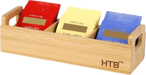 Miniatura 11 de HTB Caja Pequeña de Bolsitas de Té de Madera, 3 Compartimentos, Cofre de Bolsitas de Té de Madera de Acacia con Asa, Mini Contenedor
