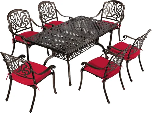 Miniatura 7 de TITIMO Juego de comedor de 7 piezas de aluminio fundido para patio, muebles de comedor al aire libre, juego de conversación de patio, mesa