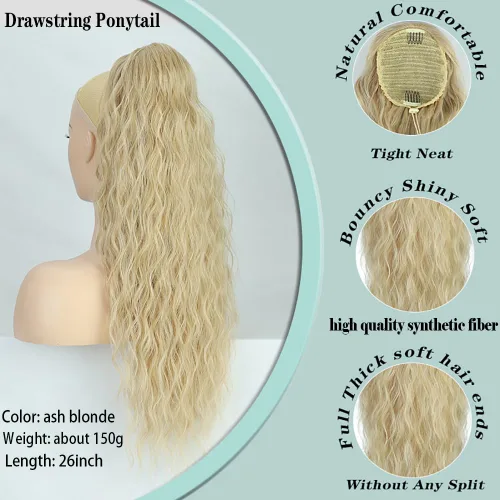 Miniatura 2 de Extensión de cola de caballo rubio con cordón para mujer, larga y rizada de 26 pulgadas, extensiones de cabello sintético natural, extensiones