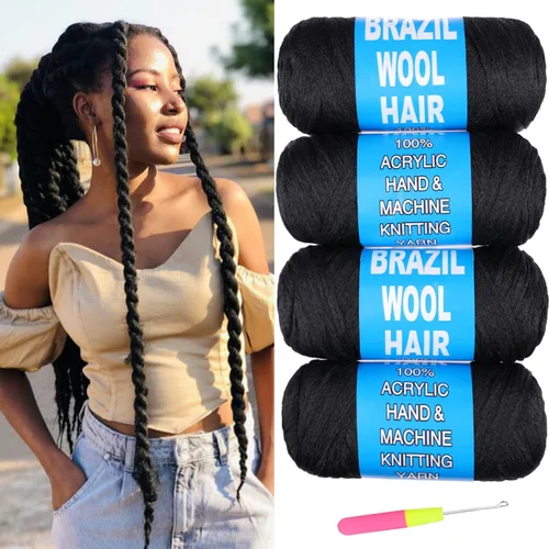 Miniatura 25 de 8 piezas de lana brasileña para trenzas, negro natural, cabello de lana brasileña para trenzar para mujeres, hilo para cabello para locs falsos