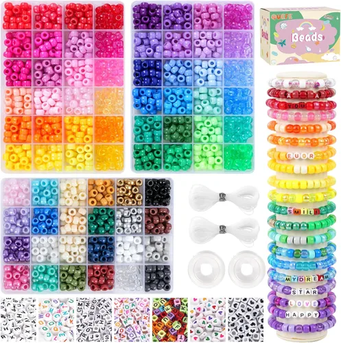 Miniatura 8 de QUEFE Kit de pulsera de 96 colores, 3000 piezas de cuentas pony, kit de pulsera de la amistad, cuentas de arcoíris Kandi con cuentas de letras