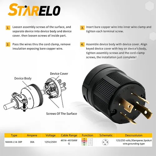 Miniatura 2 de STARELO Enchufe de bloqueo de 30 amperios/conector para grupo electrógeno, NEMA L14-30P y L14-30C, 125/250V 3 polos 4 cables con conexión a tierra