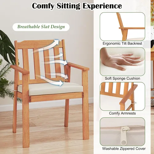 Miniatura 7 de Tangkula Juego de 2 sillas de patio de madera de acacia, sillones de comedor al aire libre con cojín suave y respaldo de listones, sillas de bistró
