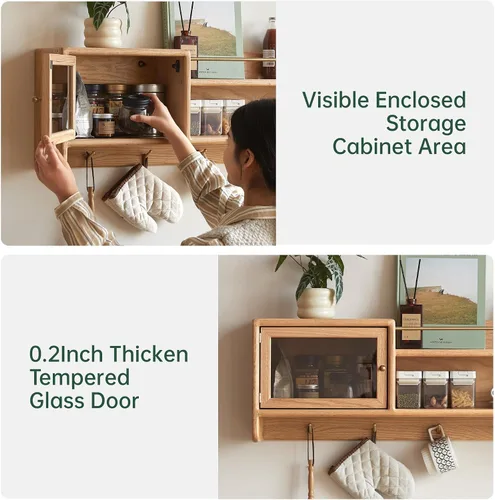 Miniatura 3 de Armario de pared 100% madera maciza, armario de pared de 39.4 pulgadas con puertas de vidrio templado y estantes ajustables y 5 ganchos, armario