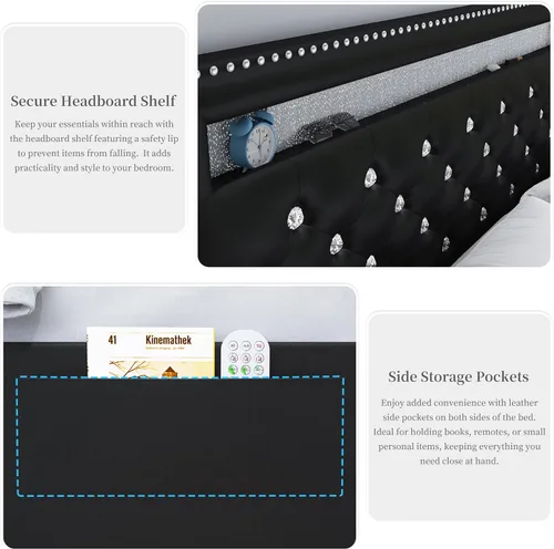 Miniatura 6 de SIBEDS Base de cama completa con LED y 2 cajones, marco de cama de plataforma de metal resistente de tamaño completo con cabecera ajustable