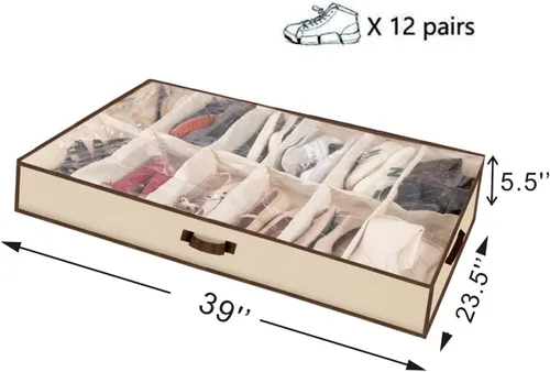 Miniatura 3 de Hombres/Adultos 12 Celdas Ver a través de la Cama Organizador de Bolsa de Almacenamiento de Zapatos con flor blanca y negra (beige)