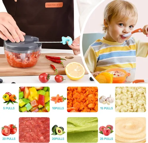 Miniatura 3 de procesador manual de alimentos, picadora de verdura portátil a cuerda, para picar ajo, cebolla, jengibre, frutas, frutos secos, hierbas, etc., GBazul