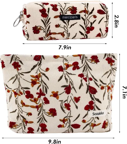 Miniatura 4 de Juego de 2 bolsas de maquillaje de flores con diseño floral para viajes para mujeres y niñas, bolsa de maquillaje grande con cremallera pequeña