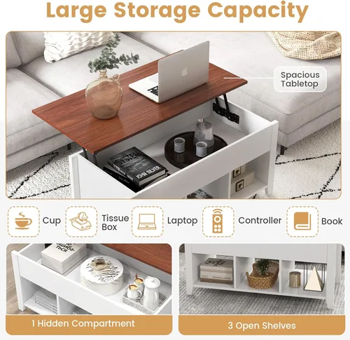 Miniatura 4 de Mesa auxiliar elevable, mesa de té moderna 2 en 1 con compartimento de almacenamiento oculto y 3 estantes de almacenamiento abiertos, mesa central