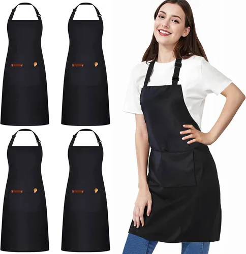 Paquete de 4 delantales negros impermeables, delantales ajustables con 2 bolsillos para hombres y mujeres, delantal de trabajo profesional para