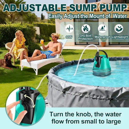 Miniatura 3 de RovPool Bomba de sumidero sumergible, bomba de cubierta de piscina sobre el suelo con flujo ajustable, bomba eléctrica portátil de extracción