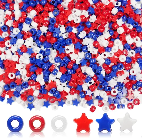 2400Pcs Red White and Blue Pony Beads (6x9mm), Plastic Independence Day Star Beads for DIY Crafts Making, 4th of July Large Hole Pony Beads Bulk,