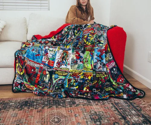 Miniatura 4 de Marvel Spider-Man - Manta de forro polar con respaldo de sherpa rojo para el 60 aniversario Funda de poliéster suave de felpa para sofá y cama