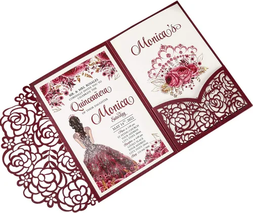 Miniatura 9 de Juego de 50 invitaciones de quinceañera rosa personalizadas de 4.7 x 7 pulgadas, cortadas con láser, tarjetas de invitación de quinceañera