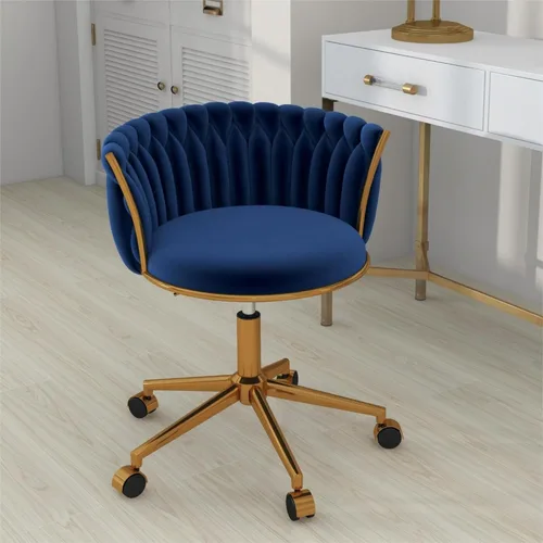 ABET Silla de tocador con ruedas, pequeña silla de escritorio de terciopelo para oficina, taburetes de maquillaje semicirculares tejidos a mano para