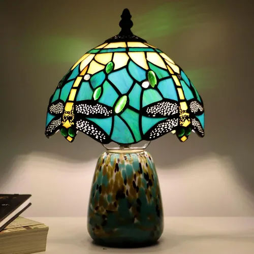 Miniatura 18 de Lámpara de mesa de hongo Tiffany estilo libélula lámpara de acento de vidrio teñido azul marino base de vidrio marrón azul 8X8X12 pulgadas