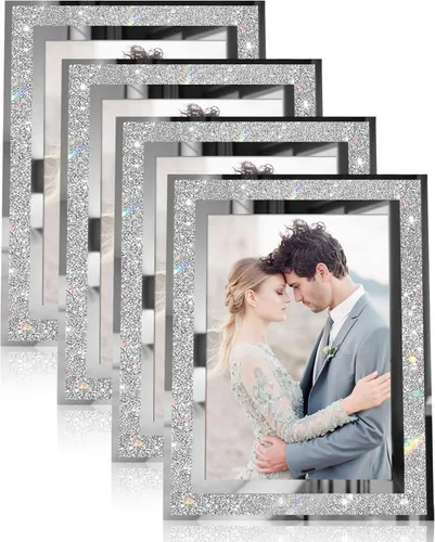 Egofine Juego de 4 marcos de fotos de 4 x 6 pulgadas, marcos de fotos de cristal plateado para boda, para exhibición de mesa vertical u