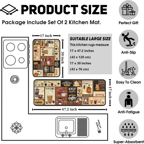Miniatura 5 de Alfombras y esteras de cocina con tema de café (2 piezas), alfombra de cocina negra antideslizante lavable, suave, superabsorbente, juego
