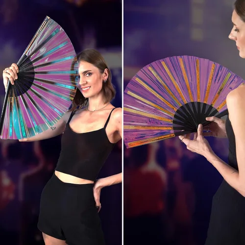 Miniatura 29 de SoJourner Bags Rave Fan – Ventilador plegable grande – Ventilador de mano Clack para raves, Halloween, Burlesque, trajes de arcoíris para mujeres