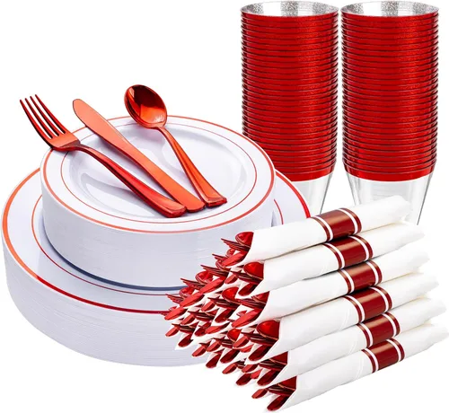 Miniatura 28 de WELLIFE 350 platos de plástico dorado transparente, 100 platos desechables, 150 cubiertos de plástico, 50 tazas, 50 servilletas para bodas y fiestas