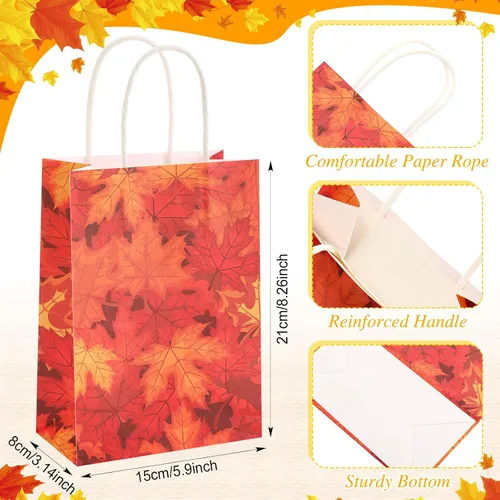 Miniatura 2 de Tenceur 24 bolsas de regalo de otoño de papel kraft a granel, bolsas de regalo naranja, elementos de hoja de arce, bolsas de dulces con asas