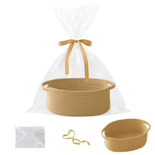Miniatura 16 de Paquete de 2 canastas pequeñas de cuerda tejida, cesta de regalo vacía con bolsa y cintas, bonita caja organizadora con asa para cumpleaños/baby
