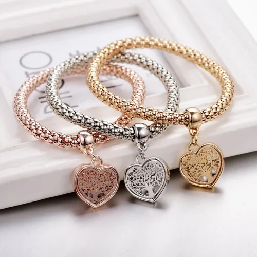 Miniatura 7 de SILANER Pulseras multicapa con dijes de cristal, 3 unidades, oro y plata, oro rosa, pulsera elástica en forma de corazón para mujer, árbol de la vida