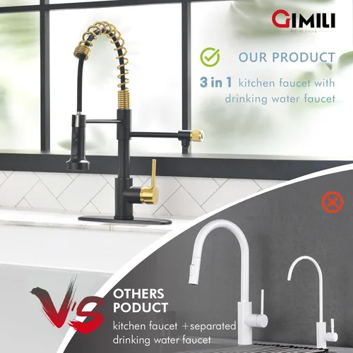 Miniatura 7 de GIMILI Grifo de agua potable negro y dorado 3 en 1 estilo comercial desplegable con filtro de una sola manija para sistema de filtración de agua