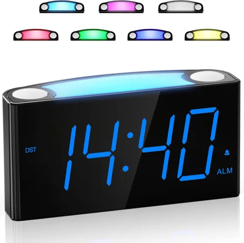Reloj despertador digital para dormitorio, luz nocturna de 7 colores, 2 cargadores USB, pantalla de número grande de 7.5 pulgadas y atenuador