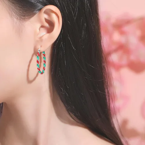 Miniatura 2 de Aretes de aro esmaltados, aretes de aro ovalados chapados en plata para mujer, joyería de moda