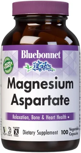 Bluebonnet Nutrition Magnesio 400 mg de aspartato de magnesio quelatado diario mineral, corazón y hueso* Suplemento para hombres y mujeres vegano,
