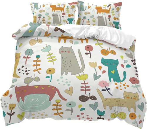 CVHOUSE Funda de edredón Kawaii de tamaño individual, lindo juego de ropa de cama con diseño de gato para niñas y niños, funda de edredón Kawaii, 1