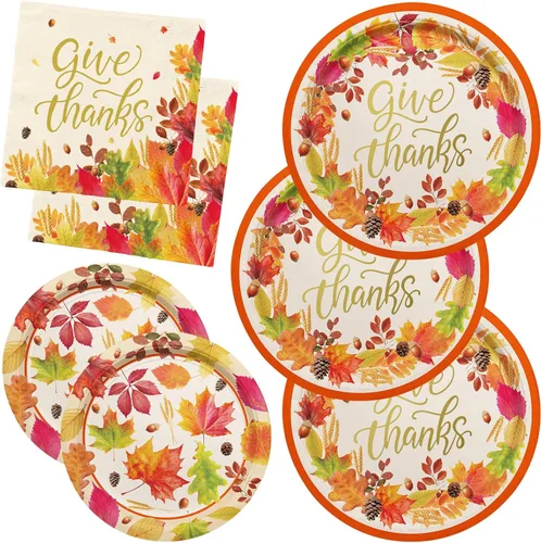 Kit de suministros para fiesta temática de otoño y Acción de Gracias, para servir a 50 personas, vajilla desechable de cosecha de otoño incluye: