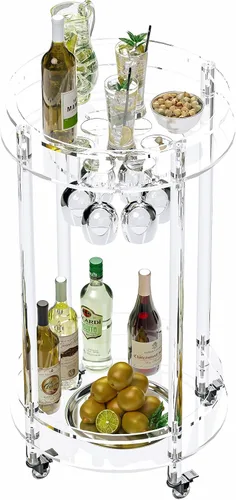 Miniatura 6 de Dethan Carrito de barra de acrílico – Carrito de servicio transparente de 3 niveles con ruedas bloqueables, moderno carrito de bar transparente
