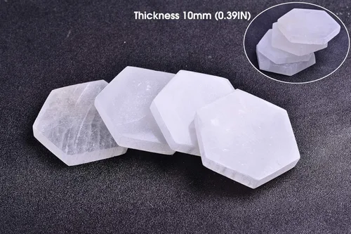 Miniatura 4 de AMOYSTONE 4 posavasos hexagonales pequeños de selenita marroquí y estación de carga de Reiki, placa de cristal plana/bandeja para equilibrio