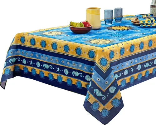 Miniatura 3 de Home Bargains Plus Mantel rectangular de tela mediterránea con sol azul de 60 x 120 pulgadas, diseño de borde de medallón costero, resistente a