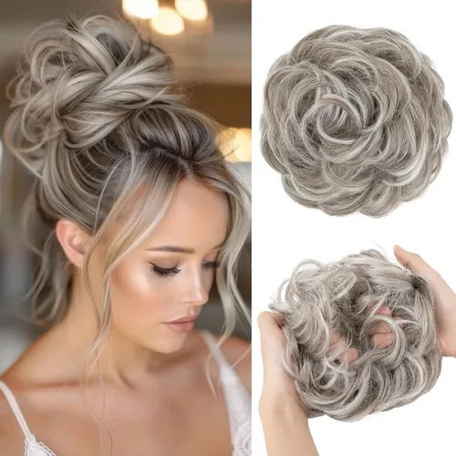 Miniatura 14 de CJL HAIR Extensiones de cabello sintético de moño desordenado, ondulado, rizado, grueso, para coleta, para mujer (rubio blanco)