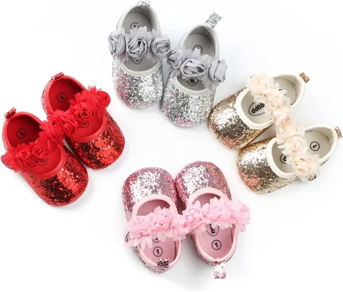 Miniatura 41 de RVROVIC Mocasines de princesa para bebé, zapatos brillantes de Mary Jane, zapatos de cuna de suela suave y ligera de primera calidad, zapatos
